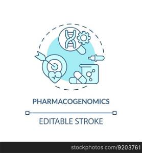 Pharmacogenomics turquoise concept icon. Genes affect on responding to medications. Healthcare. Genomic medicine abstract idea thin line illustration. Isolated outline drawing. Editable stroke. Pharmacogenomics turquoise concept icon