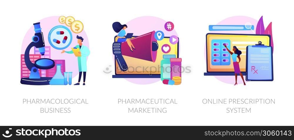 Pharmacological internet service development and promotion. Pharmacological business, pharmaceutical marketing, online prescription system metaphors. Vector isolated concept metaphor illustrations.. Pharmacological service vector concept metaphors.