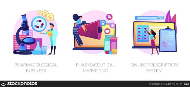 Pharmacological internet service development and promotion. Pharmacological business, pharmaceutical marketing, online prescription system metaphors. Vector isolated concept metaphor illustrations.. Pharmacological service vector concept metaphors.