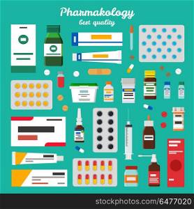 Pharmacology Best Quality Vector Illustration. Pharmacology best quality representing icons of pills, ointments and inhalers, syringes and syrups vector illustration isolated on green