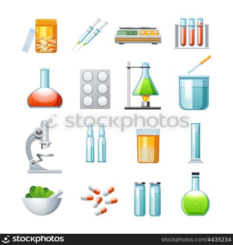 Pharmacology Flat Icons Collection. Pharmacology flat icons collection with microscope pills tablets and mixture medications microscope abstract isolated vector illustration
