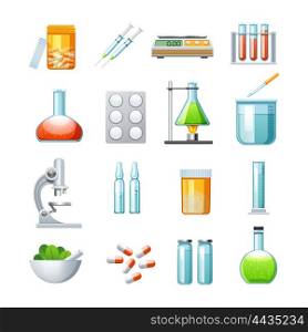 Pharmacology Flat Icons Collection. Pharmacology flat icons collection with microscope pills tablets and mixture medications microscope abstract isolated vector illustration