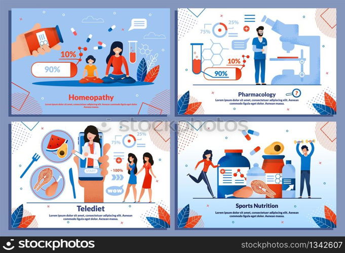 Pharmacology, Homeopathy and Diet Banner Flat Set. Telediet and Sport Nutrition. Supplement, Vitamins for Sportsmen. Mobile Application for Daily Menu Compilation. Vector Cartoon Illustration. Pharmacology, Homeopathy and Diet Banner Flat Set