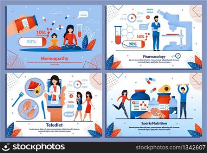 Pharmacology, Homeopathy and Diet Banner Flat Set. Telediet and Sport Nutrition. Supplement, Vitamins for Sportsmen. Mobile Application for Daily Menu Compilation. Vector Cartoon Illustration. Pharmacology, Homeopathy and Diet Banner Flat Set