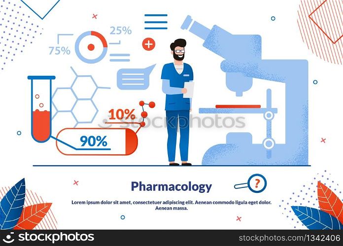 Pharmacology Science, Pharmaceutical Industry Product Trendy Flat Vector Vector Banner, Poster Template. Pharmacist, Medical Laboratory Scientist, Pharmacy Researcher Work Tools, Medical Infographics