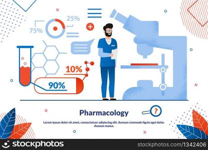Pharmacology Science, Pharmaceutical Industry Product Trendy Flat Vector Vector Banner, Poster Template. Pharmacist, Medical Laboratory Scientist, Pharmacy Researcher Work Tools, Medical Infographics