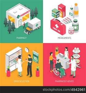 Pharmacy 4 Isometric Icons Square. Pharmacy isometric 4 icons square with druggist advise on prescribed medication and ambulance service isolated vector illustration