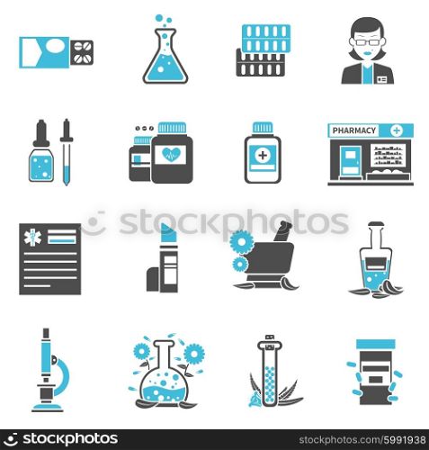 Pharmacy and apothecary black and blue icons set isolated vector illustration. Pharmacy Icons Set