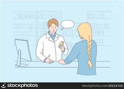 Pharmacy and drugstore concept. Young smiling pharmacist doctor cartoon character consulting woman patient customer in drugstore vector illustration . Pharmacy and drugstore concept