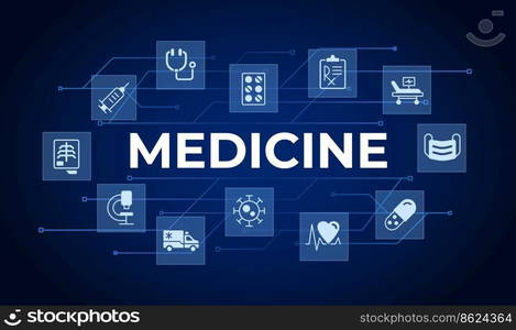 Pharmacy and healthcare word concept design template with icons. Infographics with text and editable white glyph pictograms. Vector illustration for web banner, presentation. Montserrat font used. Pharmacy and healthcare word concept design template with icons