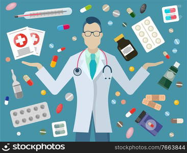 Pharmacy and medicine, doctor and pills from drug store vector. Pharmacist or therapist with stethoscope, patient care. Medical prescription and thermometer, syrup and capsules, tablets illustration. Doctor and Pills, Drugstore Medicines, Pharmacy