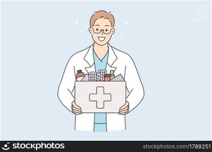 Pharmacy and selling drugs concept. Pharmacist standing and holding bag with pharmacy drugs treatment in bottle alone looking at camera vector illustration. Pharmacy and selling drugs concept