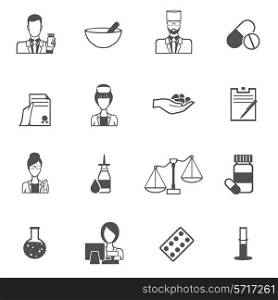 Pharmacy black icons set with doctors avatars pills and capsules isolated vector illustration