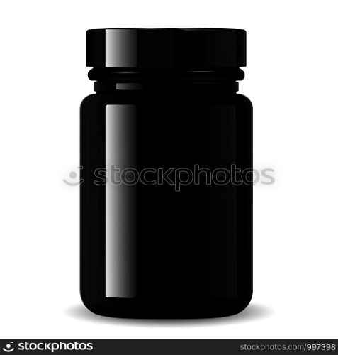 Pharmacy bottle for medical products, pills, drugs, ointment and cream. Black glass cosmetic or sports bottle mockup for bcaa and other supplements. High quality eps10 vector illustration.. Pharmacy bottle for medical products, pills, drugs