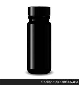 Pharmacy bottle for medical products, pills, drugs, ointment and cream. Black glass cosmetic or sports bottle mockup for bcaa and other supplements. High quality eps10 vector illustration.. Pharmacy bottle for medical products, pills, drugs