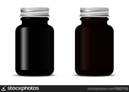 Pharmacy bottles mockup set for medical products, pills, drugs, ointment and cream. Brown and black glass cosmetic or sports bottle mockup for bcaa and other supplements. Vector illustration.. Pharmacy bottles mockup set for medical product