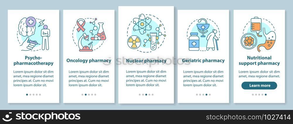 Pharmacy branch onboarding mobile app page screen with linear concepts. Nuclear and oncology drug research. Support medicine. Five walkthrough steps graphic instructions. UX, UI, GUI vector template