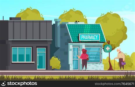 Pharmacy building background with medicine store symbols flat vector illustration
