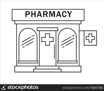 Pharmacy building line medicine concept. Architectural form can be used for website design, infographics and as an icon. Vector illustration isolated on white background.. Pharmacy building line medicine concept. Architectural form can be used for website design, infographics and as an icon. Vector illustration.