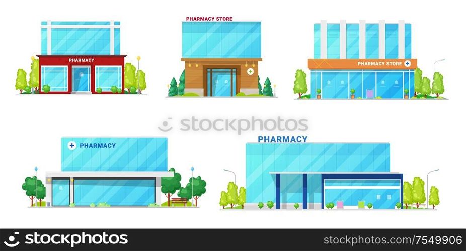 Pharmacy buildings, drug store and medical institution architecture facade icons. Vector modern pharmaceutical center or drugstore and clinic buildings with urban infrastructure, tress and entrances. Pharmacy, drug store buildings architecture