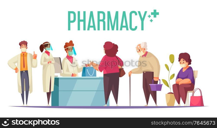 Pharmacy business concept with medicine and healthcare symbols flat vector illustration