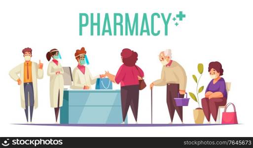 Pharmacy business concept with medicine and healthcare symbols flat vector illustration