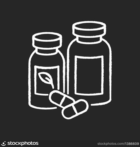 Pharmacy chalk white icon on black background. Pills in containers. Herbal drugs for healthcare. Organic diet supplements. Pharmaceutical products in bottles. Isolated vector chalkboard illustration. Pharmacy chalk white icon on black background