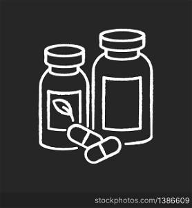Pharmacy chalk white icon on black background. Pills in containers. Herbal drugs for healthcare. Organic diet supplements. Pharmaceutical products in bottles. Isolated vector chalkboard illustration. Pharmacy chalk white icon on black background