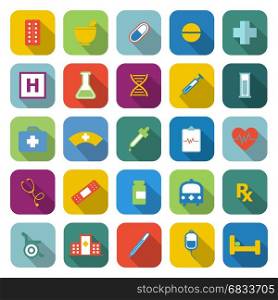 Pharmacy color icons with long shadow, stock vector