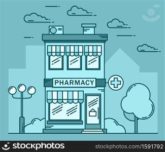 Pharmacy colored building line medicine concept. Architectural form can be used for website design, infographics. Vector illustration on blue background.. Pharmacy building medicine concept. Architectural form can be used for website design, infographics. Vector illustration.