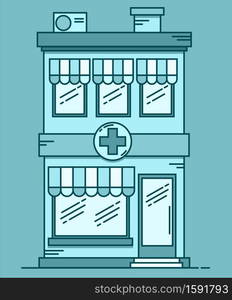 Pharmacy colored building line medicine concept. Architectural form can be used for website design, infographics. Vector illustration on blue background.. Pharmacy building medicine concept. Architectural form can be used for website design, infographics. Vector illustration.