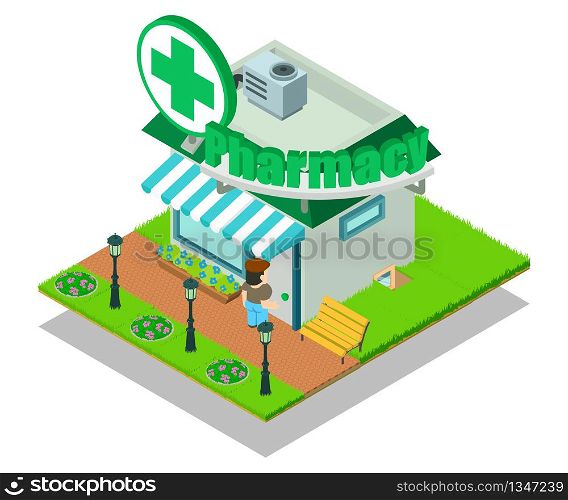 Pharmacy concept banner. Isometric banner of pharmacy vector concept for web, giftcard and postcard. Pharmacy concept banner, isometric style