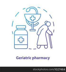 Pharmacy concept icon. Geriatric patient treatment idea thin line illustration. Elderly diseases medication therapy. Healthcare for seniors. Vector isolated outline drawing