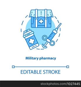 Pharmacy concept icon. Military wound and disease treatment idea thin line illustration. Field medication. Combat zone medicine and medical equipment. Vector isolated outline drawing. Editable stroke