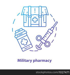 Pharmacy concept icon. Military wound and disease treatment idea thin line illustration. Field medication. Combat zone medicine and medical equipment. Vector isolated outline drawing