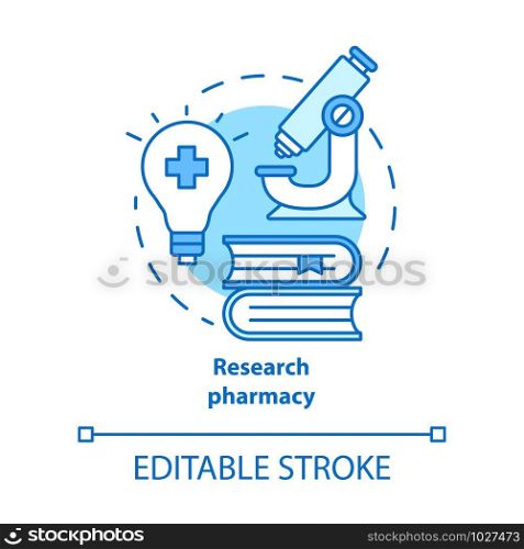 Pharmacy concept icon. Pharmaceutical research idea thin line illustration. New drugs, treatment methods discovery. Developing, improving medication. Vector isolated outline drawing. Editable stroke