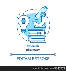 Pharmacy concept icon. Pharmaceutical research idea thin line illustration. New drugs, treatment methods discovery. Developing, improving medication. Vector isolated outline drawing. Editable stroke