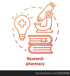 Pharmacy concept icon. Pharmaceutical research idea thin line illustration. New drugs, treatment methods discovery. Developing, improving medication. Vector isolated outline drawing
