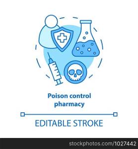 Pharmacy concept icon. Poisons control pharmacology branch idea thin line illustration. Poisonous element and antidote development. Vector isolated outline drawing. Editable stroke