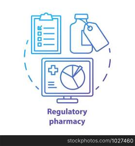Pharmacy concept icon. Regulatory pharmacology idea thin line illustration. Medicine effectiveness and safety tests. Newly developed drug research. Vector isolated outline drawing