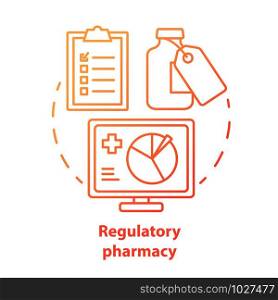 Pharmacy concept icon. Regulatory pharmacology idea thin line illustration. Medicine effectiveness and safety tests. Newly developed drug research. Vector isolated outline drawing