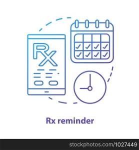 Pharmacy concept icon. Rx medication intake reminder idea thin line illustration. Prescription drugs scheduled alarm. Smartphone medicine tracker. Vector isolated outline drawing