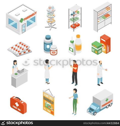 Pharmacy Concept Isometric Icons Collection . Pharmacy and medical supply service concept isometric icons set with drugstore customer assistance abstract isolated vector illustration