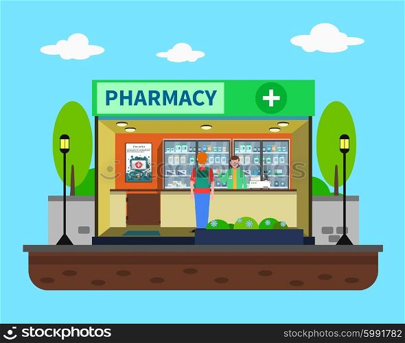 Pharmacy concept with medical drugstore building indoors flat vector illustration. Pharmacy Concept Illustration