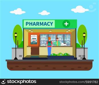 Pharmacy concept with medical drugstore building indoors flat vector illustration. Pharmacy Concept Illustration