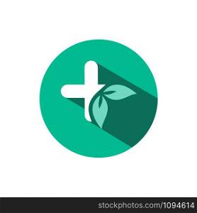 Pharmacy cross and leaves icon with shadow on a green circle. Flat color vector pharmacy illustration