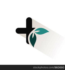 Pharmacy cross with leaves. Flat color icon with beige shade. Vector illustration