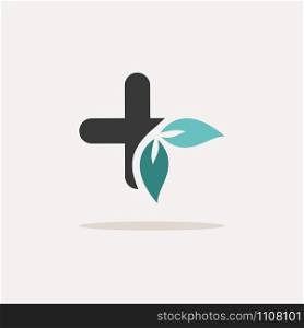 Pharmacy cross with leaves. Icon with shadow on a beige background. Medicine flat vector illustration