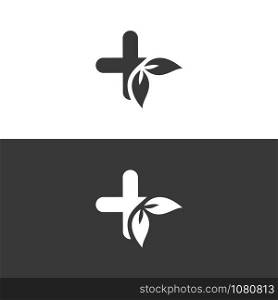 Pharmacy cross with leaves. Isolated image. Flat pharmacy vector illustration