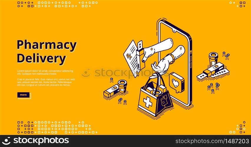 Pharmacy delivery banner. Online drugstore service. Vector landing page with isometric smartphone and hands give prescription and bag with medicine drugs and pills on yellow background. Pharmacy delivery, online store vector banner